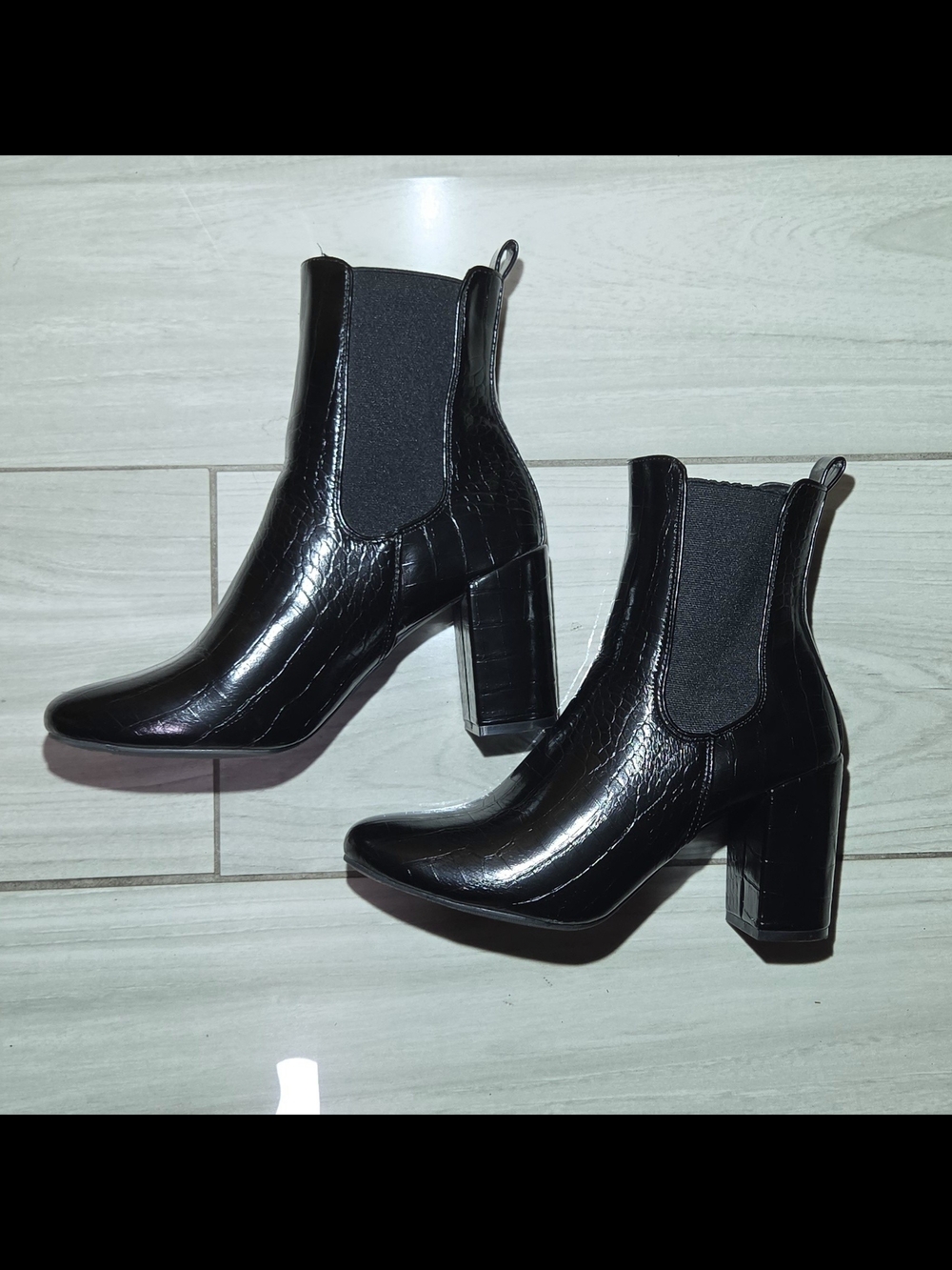 London Rag Black Croc-Texture Chelsea Block Heel Ankle Boots - Women